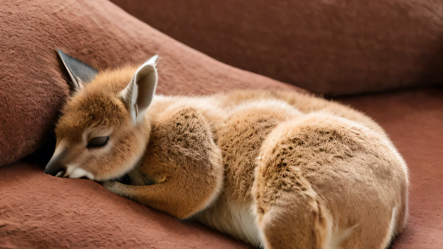 A kangaroo sleeps with its eyes closed on a soft cushion.