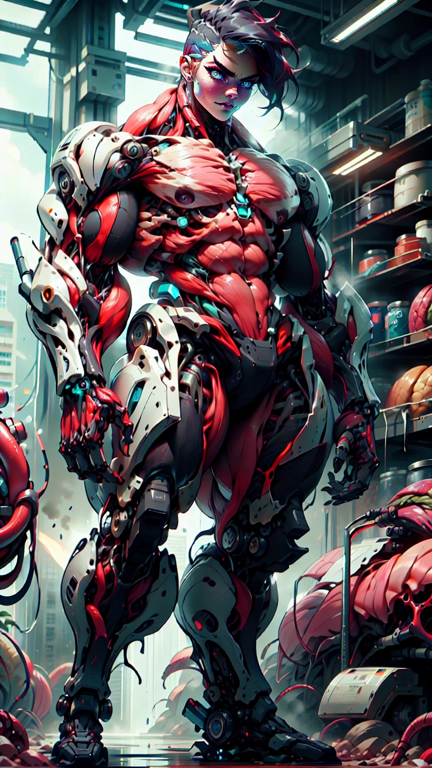 (1 girl), (cara delevingne), (muscular android girl wearing a black anatomic cybernetic muscle suit:1.25), (wide shoulders:1.25), (muscular defined physique:1.25), perfect hands, long hair, large breasts, high resolution image, extreme detail, blank background