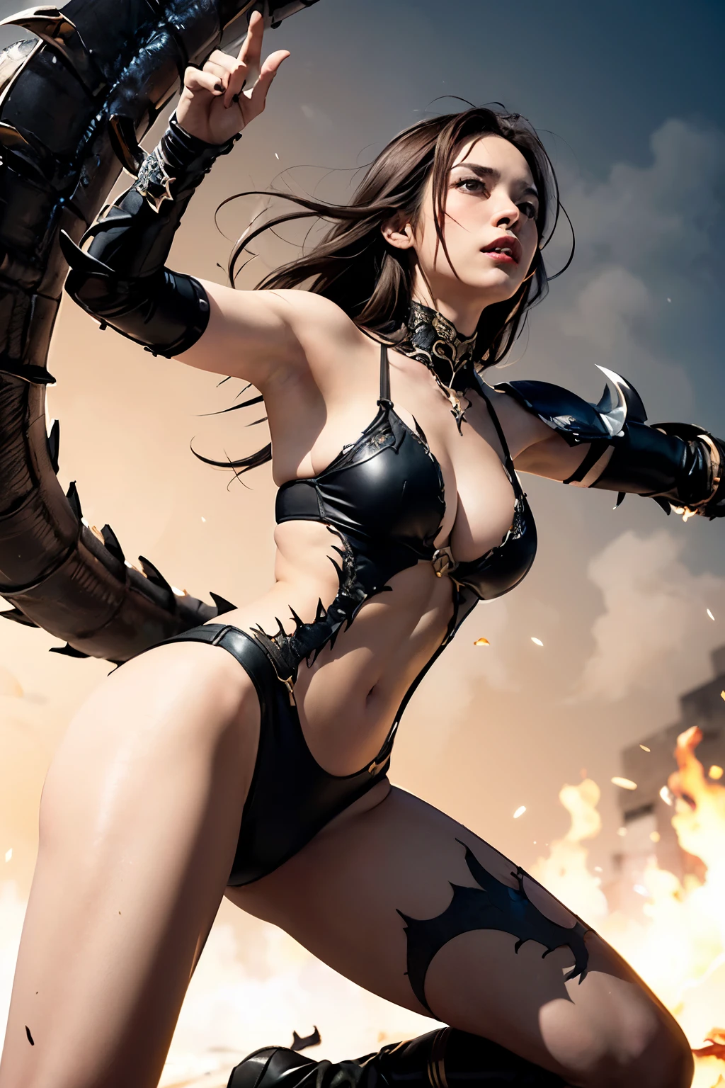 masterpiece, (Dragon Girl), Overwhelming power, Apex predators, The Ultimate Beast, A mad slave to the desire for violence, alone, (Dynamic pose), Perfect Anatomy, (No clothes), Warmonger Armor, (Rough textured dragon arm), Dragon Wing, Dragon Tail, Dragon Horn, Tyrant&#39;s Gaze, (Lizard eyes), The pupils constrict, (Vertical Striped Iris), Detailed drawn eyes, Detailed face, Matching colors on both wings and tail