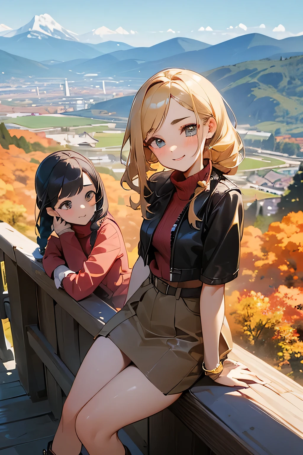 highest quality、High resolution、Detailed Background、(Beautiful face in every detail:1.4)、Anatomically correct、(Draw the usual number of fingers:1.2)、(Detailed facial expressions)、(Detailed eyes:1.2)、(Detailed eyes:1.2)、Beautiful, smooth skin、Teenage beauty、(Highly detailed face:1.4)、Cute color hair color、Braided Ponytail、Braided Bob、Braided long hair、Wavy Hairstyle、well-groomed eyebrows、Cute Eye Makeup、Cute Lip Makeup、In a joking manner、Do cute things、Sunny autumn mountain、A big smile、In the beautiful natural scenery、Spectacular natural scenery、Fit on one screen、

(Two beautiful girls having fun with friends with mountains in the background:1.5)、

Casual and mature leather style、Pair your leather skirt with a knit or shirt、Wear a shearling jacket or leather jacket on top.、Complete your look with boots or sneakers.