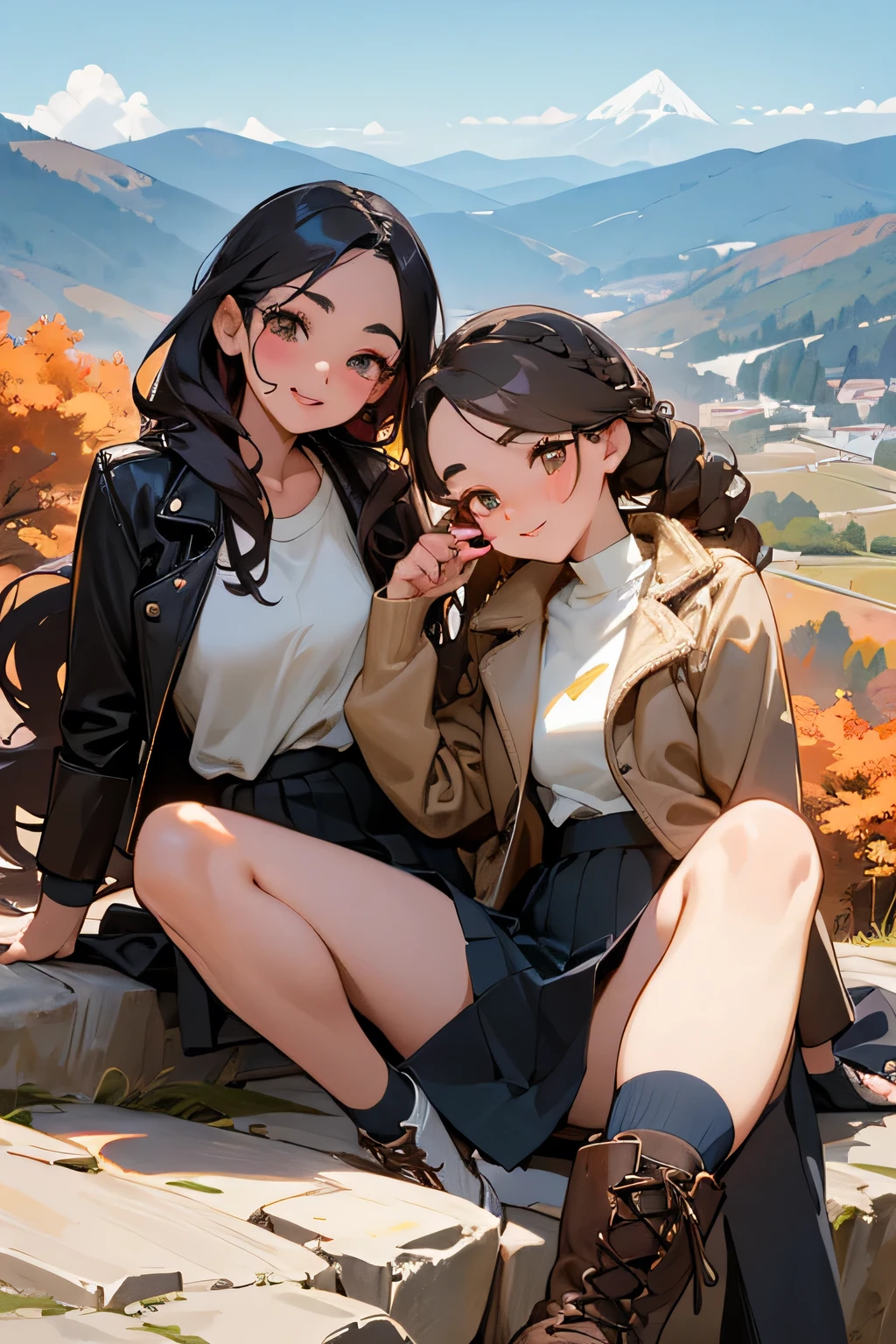highest quality、High resolution、Detailed Background、(Beautiful face in every detail:1.4)、Anatomically correct、(Draw the usual number of fingers:1.2)、(Detailed facial expressions)、(Detailed eyes:1.2)、(Detailed eyes:1.2)、Beautiful, smooth skin、Teenage beauty、(Highly detailed face:1.4)、Cute color hair color、Braided Ponytail、Braided Bob、Braided long hair、Wavy Hairstyle、well-groomed eyebrows、Cute Eye Makeup、Cute Lip Makeup、In a joking manner、Do cute things、Sunny autumn mountain、A big smile、In the beautiful natural scenery、Spectacular natural scenery、Fit on one screen、

(Two beautiful girls having fun with friends with mountains in the background:1.5)、

Casual and mature leather style、Pair your leather skirt with a knit or shirt、Wear a shearling jacket or leather jacket on top.、Complete your look with boots or sneakers.