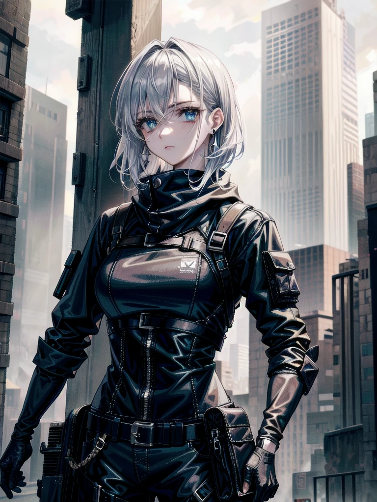 whole body, gunman attire, post apocalyptic city, absurdres, RAW photo, extremely delicate and beautiful, masterpiece, Best Quality, ultra high resolution, 32k, hyperrealistic, ultra-detailed, detailed description, pale skin, 20 years old, detailed beautiful face and eyes, tearful mole, earring, Colossal tits, short medium hair, wavy hair,