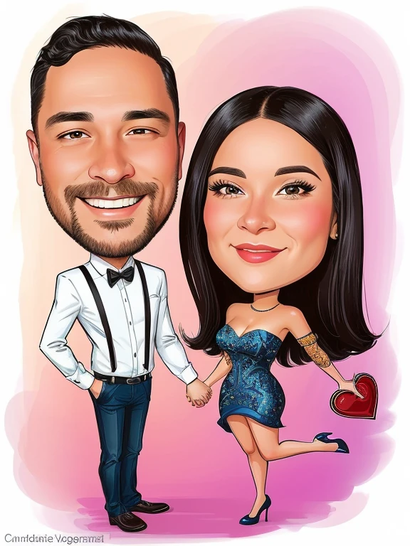JIM EIDOMODE, 4K, a cartoon of a man and a woman holding hands and a heart, caricature style, caricature, caricature illustration, in cartoon style, caricature!!!, caricature, cartoon portrait, CARTOON ART, caricature, cartoon style illustration, CARTOON ARTstyle, Couple portrait, by Volkan Baga, hand painted CARTOON ART style, cartoon digital art, couple portrait
