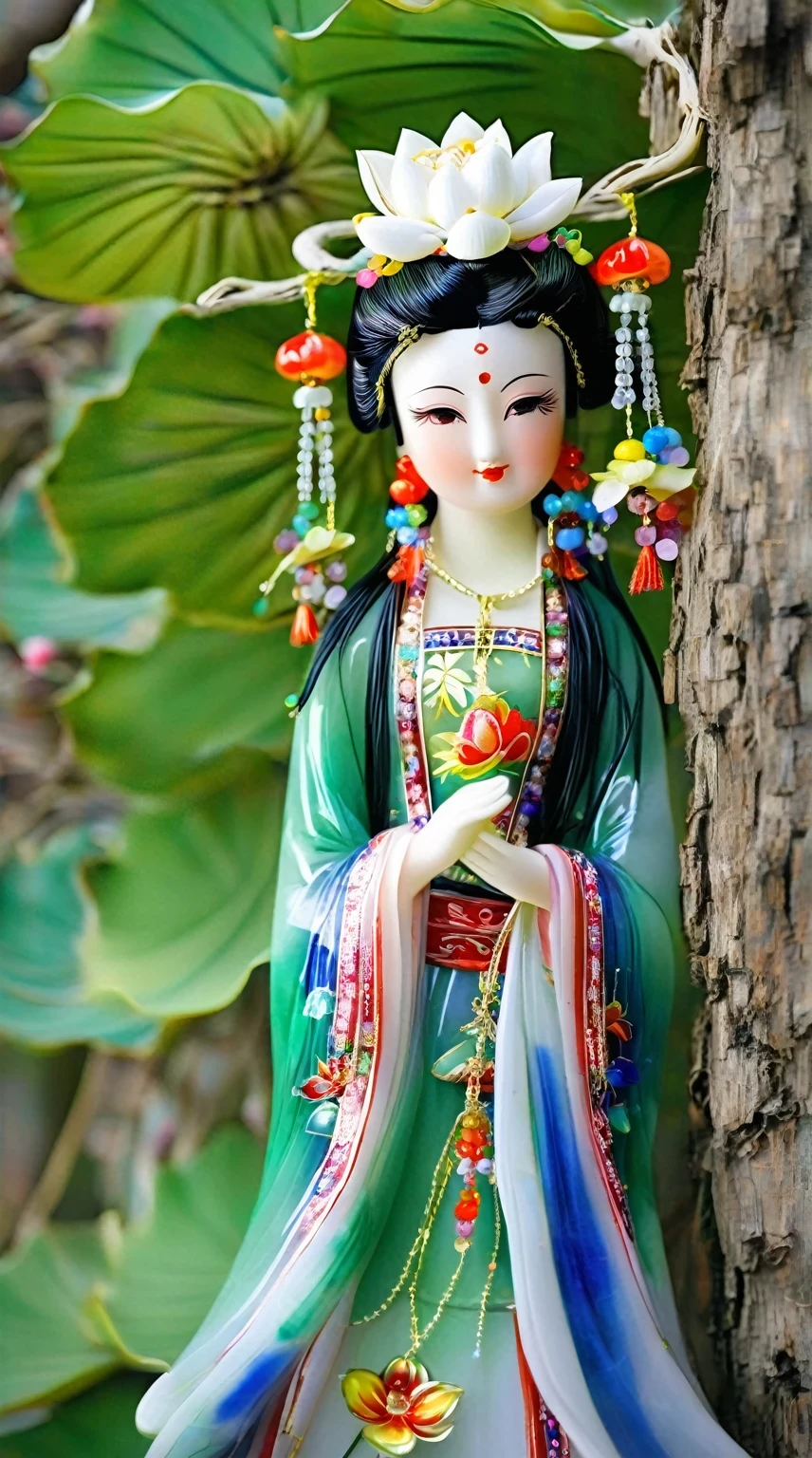 Art  jade doll，
A beautiful doll, a Chinese style figure in a green and blue dress with colorful hair accessories standing under a tree, with white lotus flowers on her head and colorful gemstones hanging from her shoulders, a happy expression, exquisite facial features, bright colors, soft lighting, a natural environment, closeup shots, delicate details. in the style of natural environment. 
