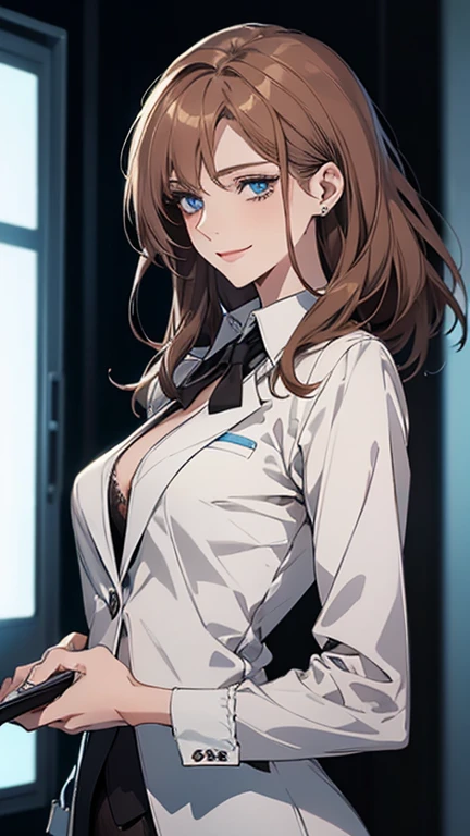 (highest quality,High resolution,Very detailed),1 girl, Beautiful and elegant light blue eyes, Brown Hair, Cold Smile,Medium Hair, Wearing a suit,secretary, Mature Woman, Age 25,Cruel smile, Calm and Calm, Slim figure,Small breasts, Pale complexion, thin, Calm, At the Laboratory,You are operating a tablet