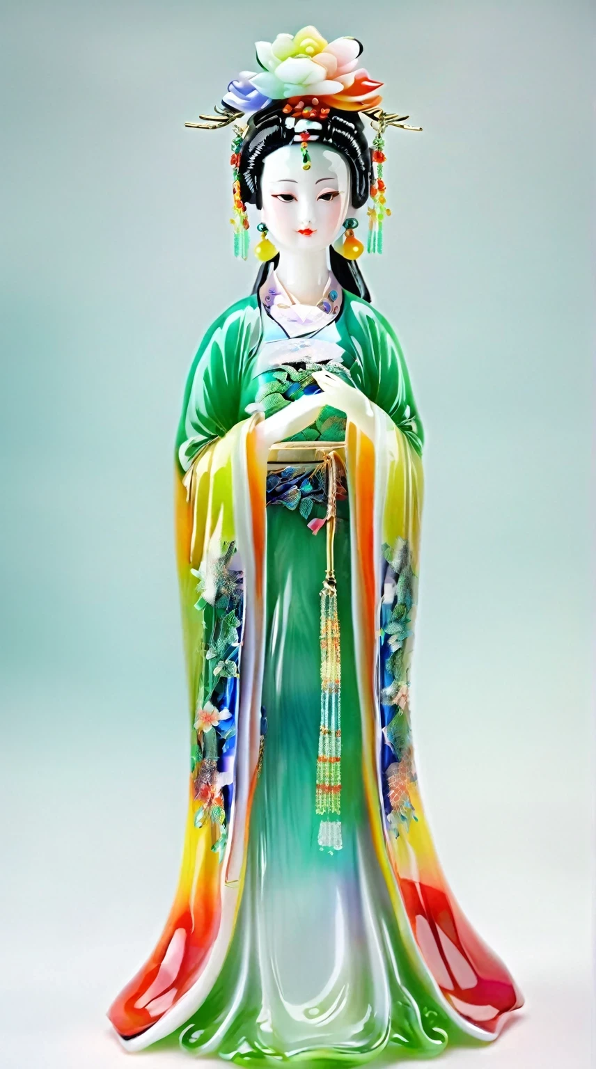 Art jade doll,
Chinese beauty doll, colorful , glass material, in the style of realistic fantasy artwork, light white and dark emerald green, bright colors, rainbow palette, delicate porcelain skin, full body shot, soft lighting, high definition.