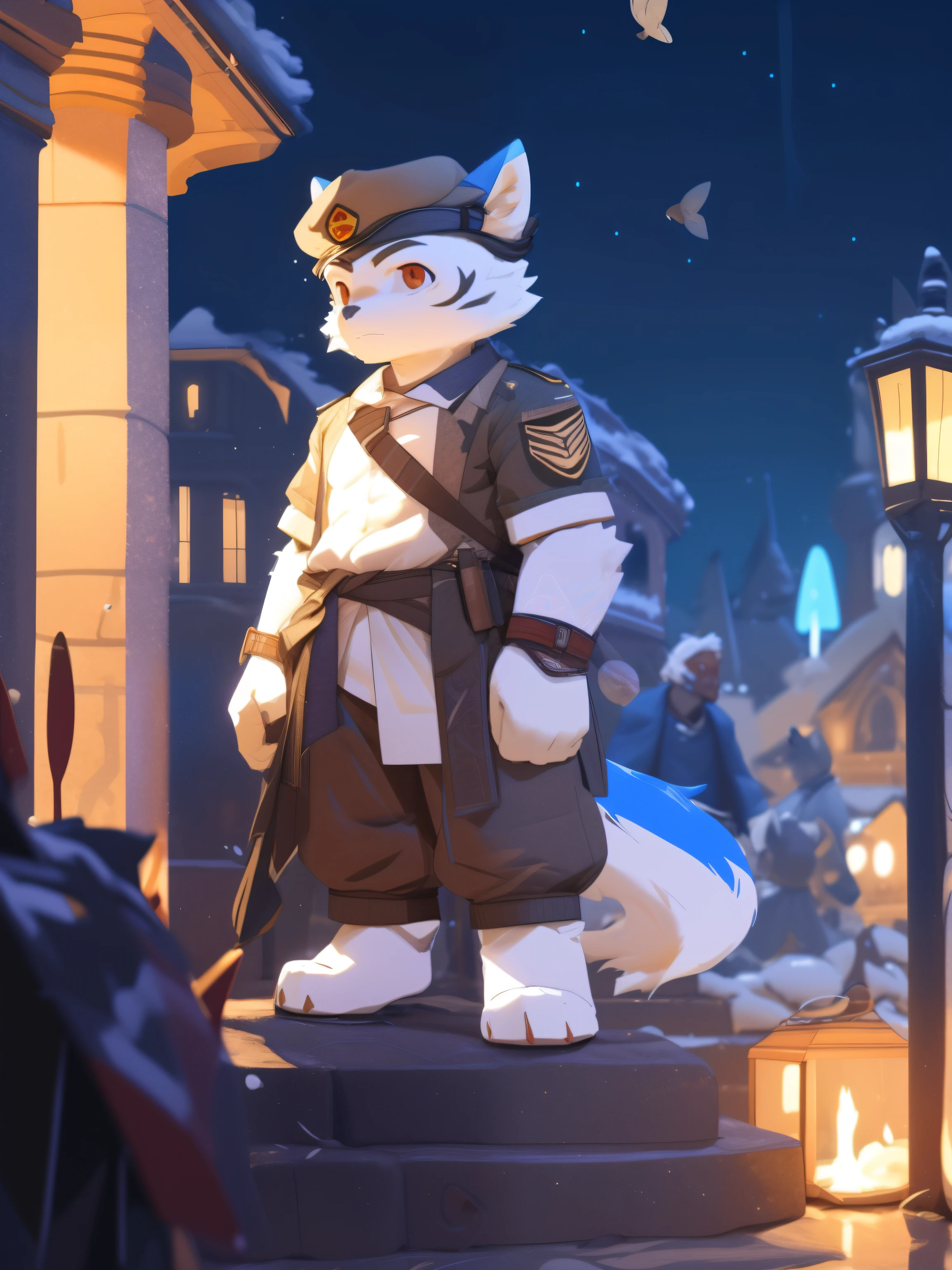 nj5furry,kemono,full-length portrait,anthro,hi res,male,juvenile,strong,Soldier,Blue ornaments,black Wolf,White Paws,Step on socks,Red eyes,Detailed eyes,Delicate eyes,Extremely high detail,8k high definition characters,indifferent,serious