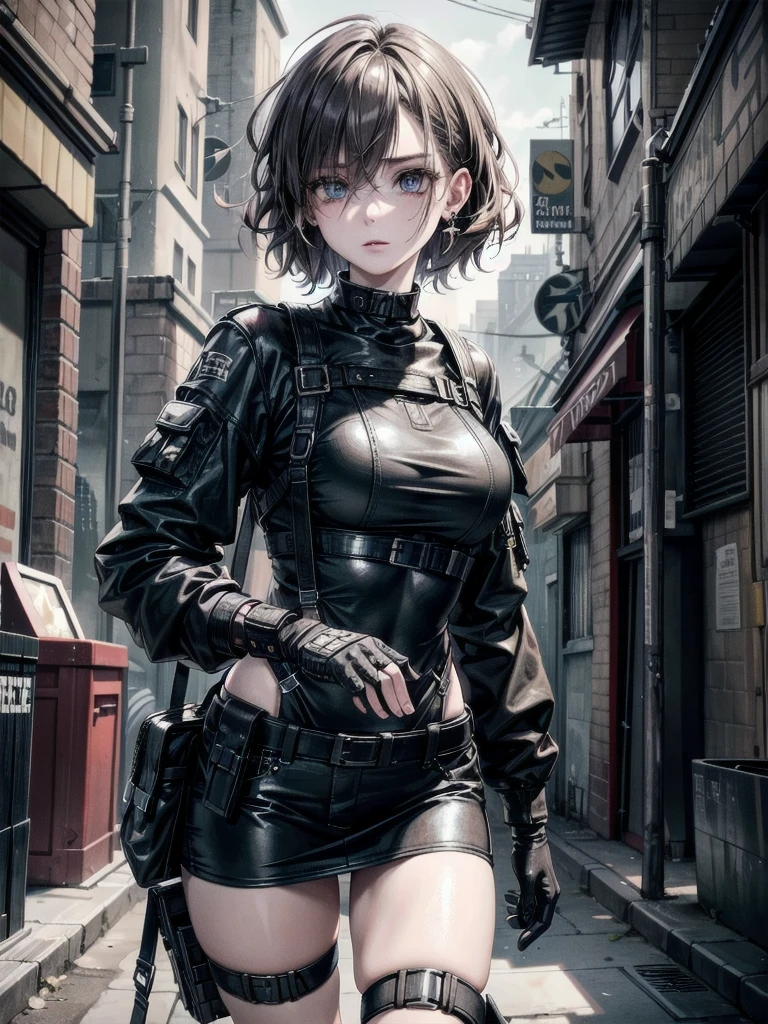whole body, gunman attire, post apocalyptic city, absurdres, RAW photo, extremely delicate and beautiful, masterpiece, Best Quality, ultra high resolution, 32k, hyperrealistic, ultra-detailed, detailed description, pale skin, 20 years old, detailed beautiful face and eyes, tearful mole, earring, Colossal tits, short medium hair, wavy hair,