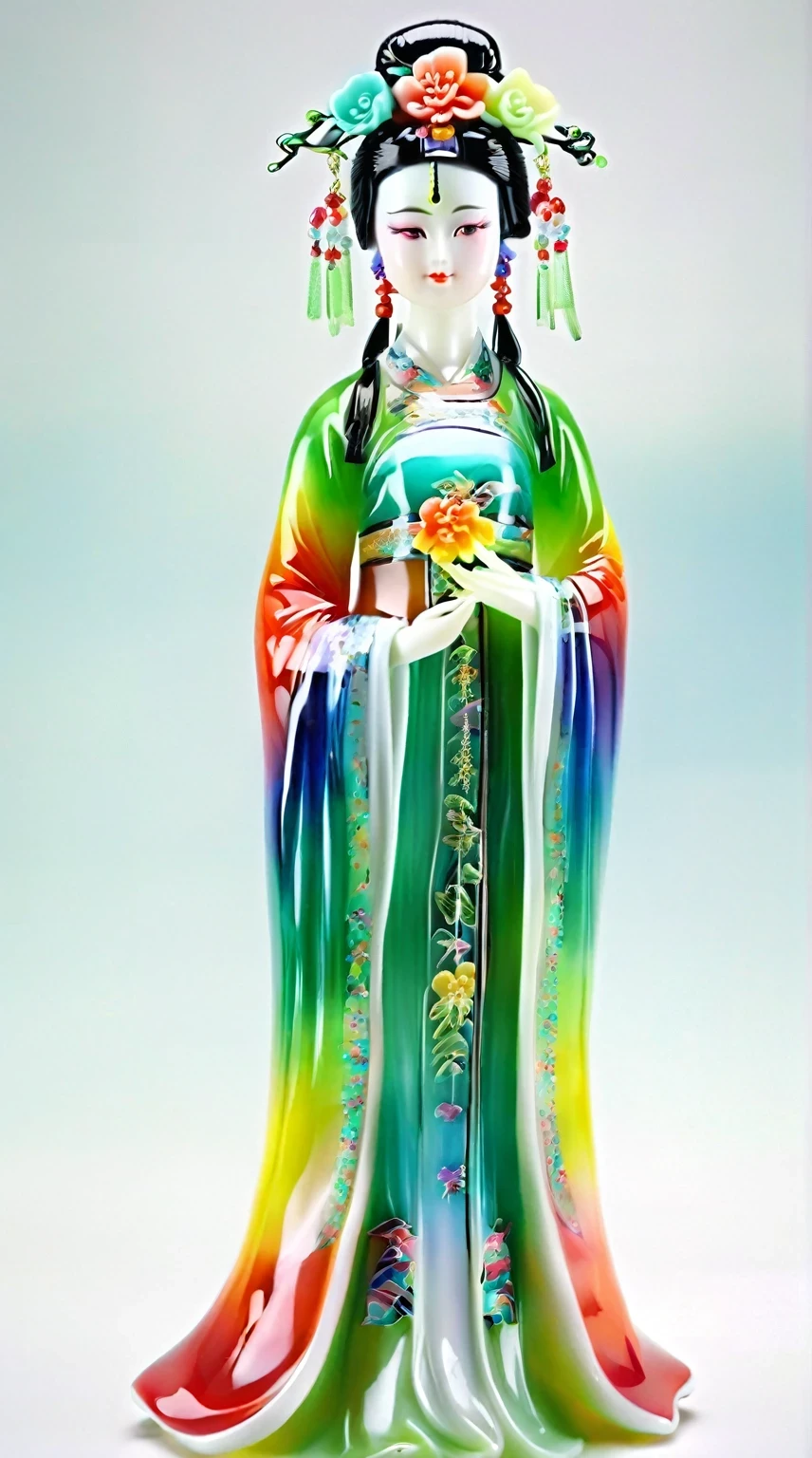 Art  jade doll，
Chinese beauty doll, colorful , glass material, in the style of realistic fantasy artwork, light white and dark emerald green, bright colors, rainbow palette, delicate porcelain skin, full body shot, soft lighting, high definition. 
