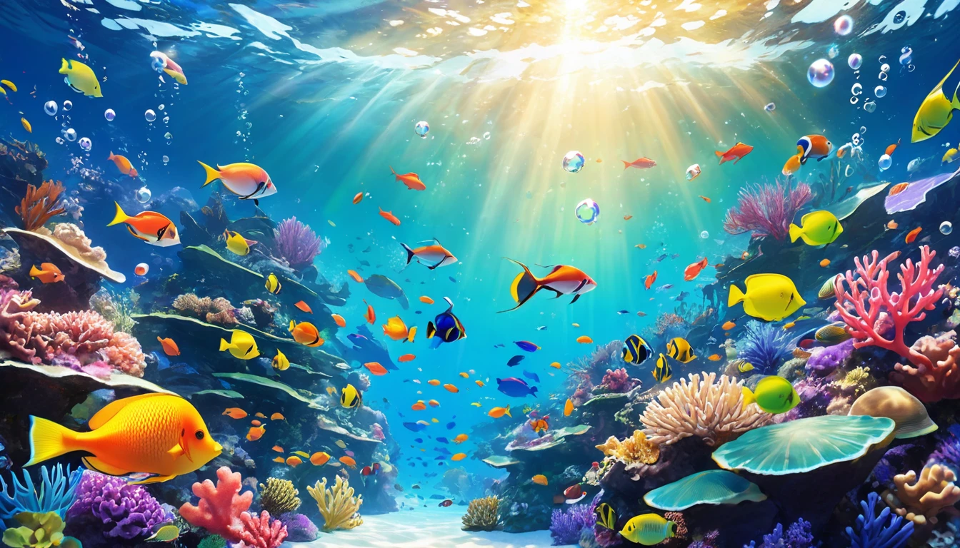 (Panorama, center, masterpiece, highest quality: 1.2), (8K、Raw photo、highest quality、look up:1.2、masterpiece:1.2、Genuineistic、Ultra-high resolution、High Contrast、Photon Mapping、Genuine、Very detailed、Official Art, Raw photo、professional Lighting、 Light、Vivid atmosphere、twiceLight) , , In the sea。In the sea,々Bubbles are bubbling。Different types、Colorful tropical fish swimming。You can see the corals and underwater plants。Primary color shades。Rainbow-colored。Green algae or seaweed。Even though it's underwater、As if you were on the ground。Captivating natural beauty,Shining Star Fragment, An atmosphere that exudes the excitement of adventure。An atmosphere that makes you feel happy and joyful。High Fantasy Worldview, Beautiful depiction of grand composition and proportions, Rainbow-coloredの光や銀色の蒸気の守護星雲, Corrosive Encirclement Ray Family Color, Slimy air,