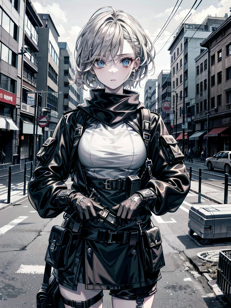 whole body, gunman attire, post apocalyptic city, absurdres, RAW photo, extremely delicate and beautiful, masterpiece, Best Quality, ultra high resolution, 32k, hyperrealistic, ultra-detailed, detailed description, pale skin, 20 years old, detailed beautiful face and eyes, tearful mole, earring, Colossal tits, short medium hair, wavy hair,