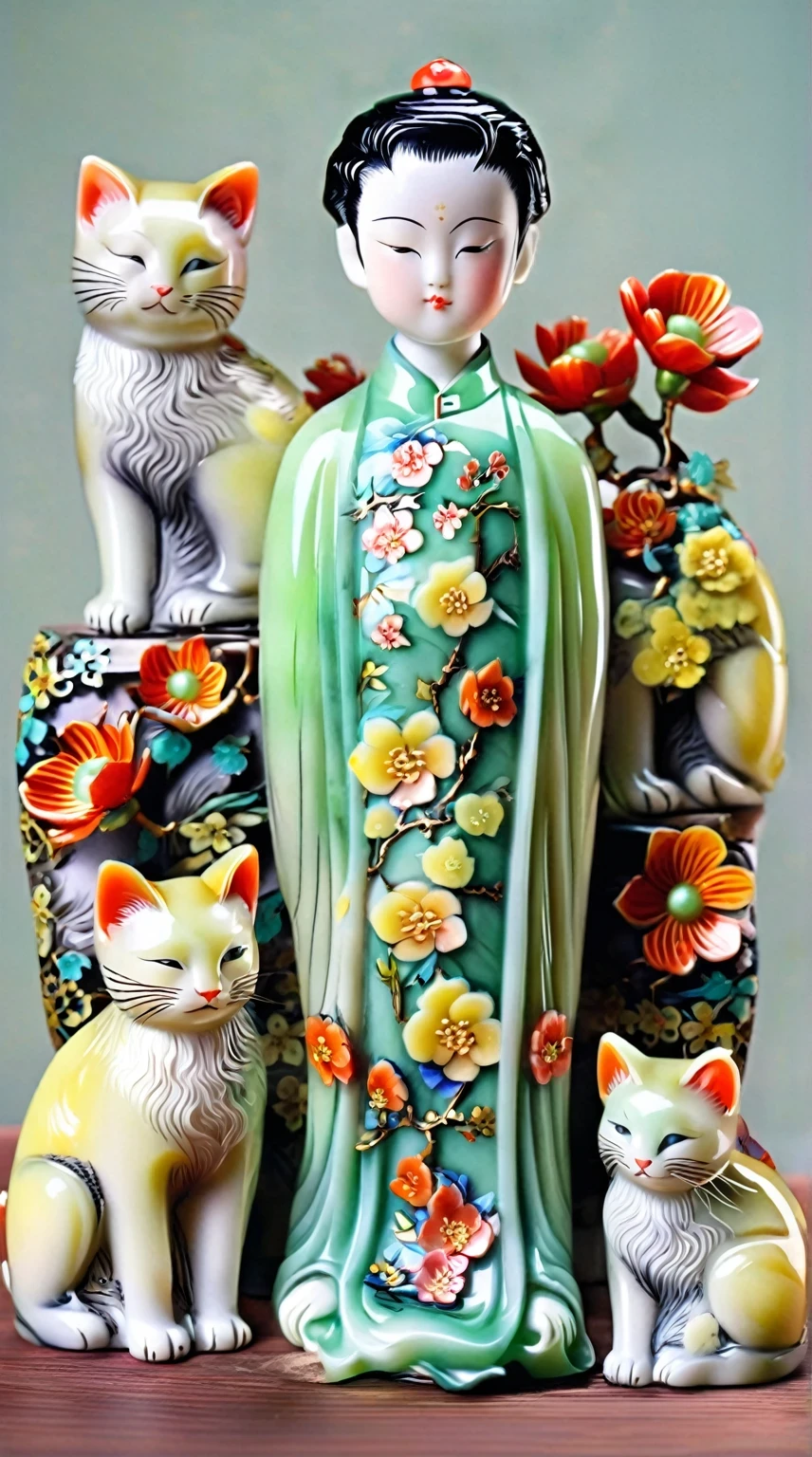 Art  jade doll，
A beautiful Chinese boy with short hair and delicate facial features is surrounded by two jade carved cats, with many flowers blooming on the cats' bodies. The background color is a pale green light yellow, with a meticulous painting style in the style of Chinese New Year atmosphere, sculptural effects, full body portraits, a three-dimensional sense, high-definition images, bright colors, delicate expressions, and gorgeous details. 