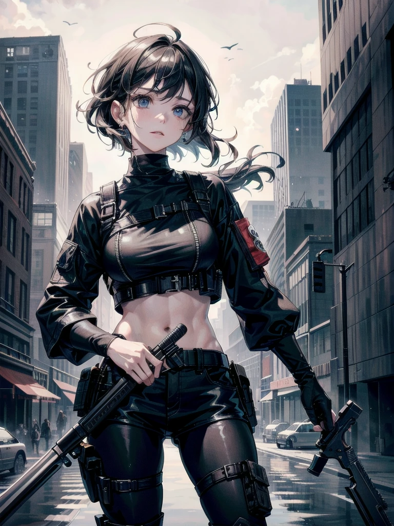 whole body, gunman attire, (((floating weapons))), post apocalyptic city, absurdres, RAW photo, extremely delicate and beautiful, masterpiece, Best Quality, ultra high resolution, 32k, hyperrealistic, ultra-detailed, detailed description, pale skin, 20 years old, detailed beautiful face and eyes, tearful mole, earring, Colossal tits, short medium hair, wavy hair,
