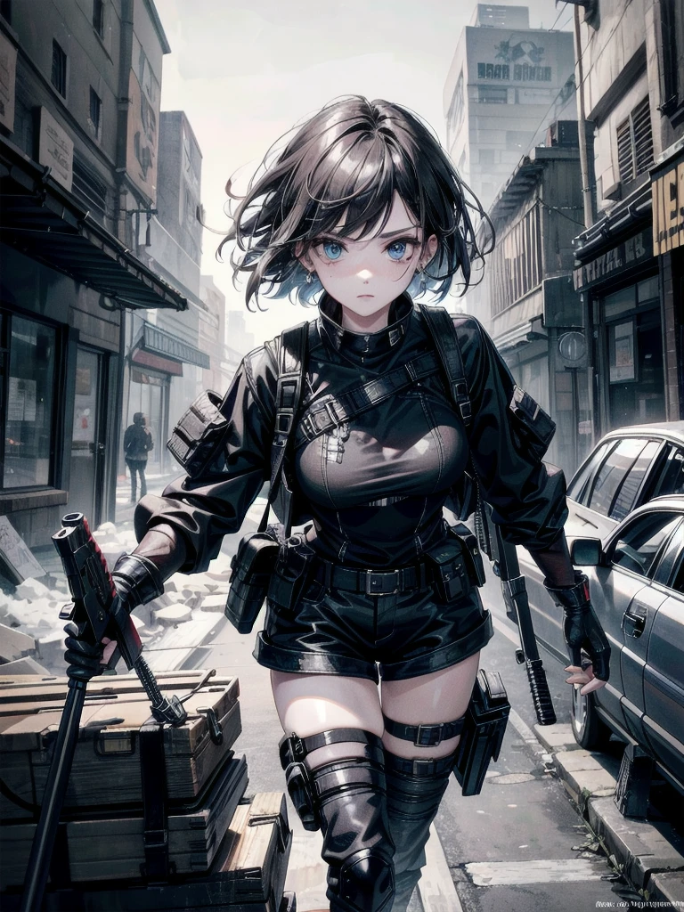 whole body, gunman attire, (((floating weapons))), post apocalyptic city, absurdres, RAW photo, extremely delicate and beautiful, masterpiece, Best Quality, ultra high resolution, 32k, hyperrealistic, ultra-detailed, detailed description, pale skin, 20 years old, detailed beautiful face and eyes, tearful mole, earring, Colossal tits, short medium hair, wavy hair,