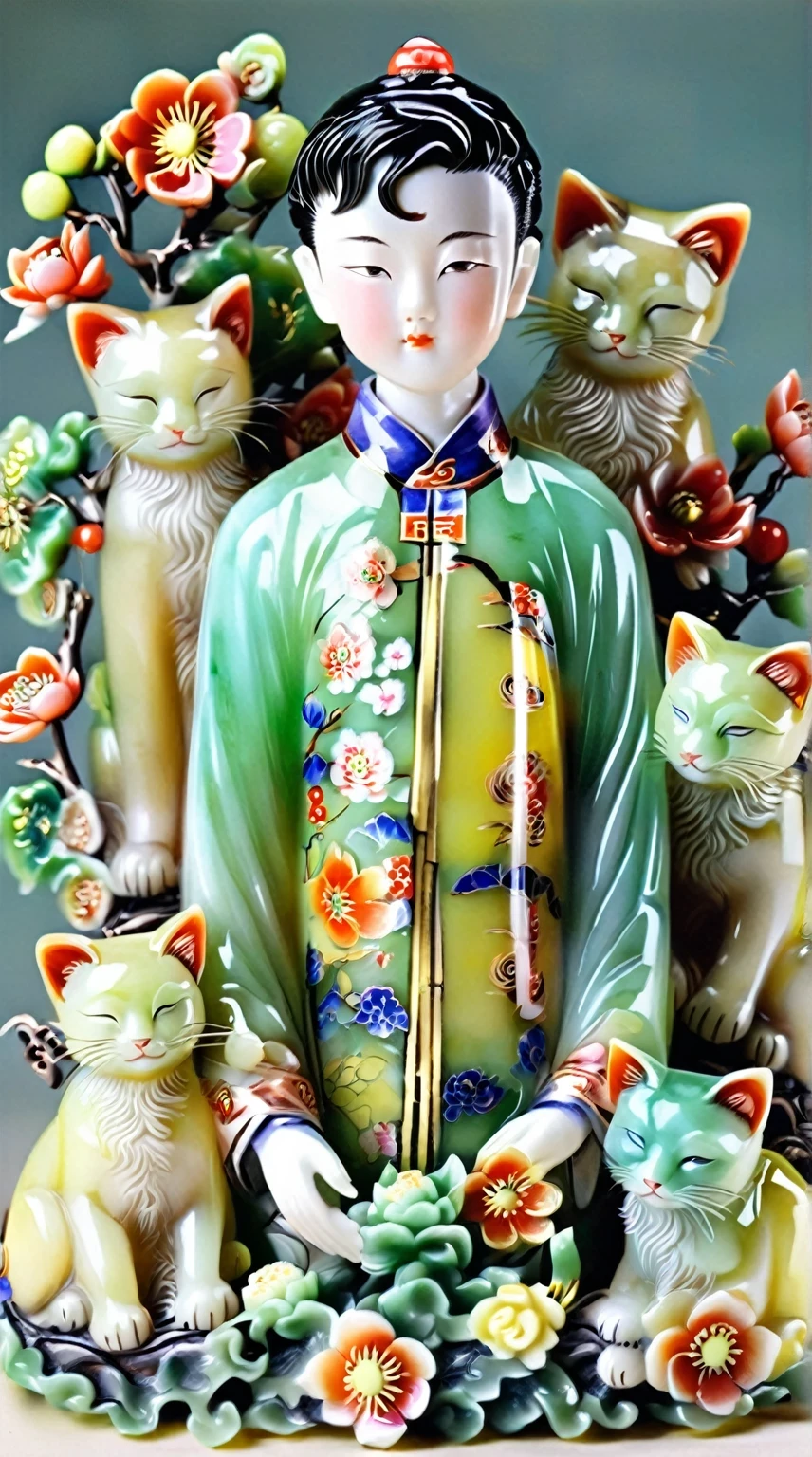 Art jade doll,
A beautiful Chinese boy with short hair and delicate facial features is surrounded by two jade carved cats, with many flowers blooming on the cats' bodies. The background color is a pale green light yellow, with a meticulous painting style in the style of Chinese New Year atmosphere, sculptural effects, full body portraits, a three-dimensional sense, high-definition images, bright colors, delicate expressions, and gorgeous details.