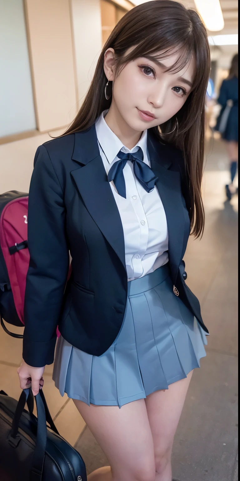 mix4, (16 K, Raw photography, Top image quality, masterpiece: 1.45), (realisitic, Photorealsitic: 1.37), one girls, cute little, A city scape,, profetional lighting, photon maping, school classrooms, physically-based renderingt, dark brown hair,pony tail hairstyle, Well-groomed and beautiful eyes、((double eyelid))、Transcendent Cute Girl, (((student clothes、blazers、Long sleeve shirt worn by Japan high school girl、Ribbon Ties、Dark blue mini skirt,、Dark blue socks、Black loafers))), Top Quality Photos, hight resolution, 1080p, (clearface), (Detailed face description), (Detailed hand description), (masterpiece), (Exquisite CG)、extreme light and shadows、dishevled hair、master work、abundant detail、(Fine facial features)、(top quality photo)、(masuter piece)、(A detailed eye)、Look in front of you、Fine clavicle、((Slender big))、(((Japan schoolgirls wear jackets and long-sleeved shirts)))、((Neat and clean idol))、((School Gate、school ground、School building in the background))、(Shooting from random perspectives)、(((Anyway cute)))、earrings、A big smile、Drawing the whole body from the knees、Do not draw nasolabial folds、(((Sports bags used by Japan schoolgirls)))、(Big breasts that hang down big:1.2)、Big buttocks with tension、Two arms and two legs、(((from the front side:0.7)))、bare hand、(((Left and right symmetrical eyes)))、Standing Pose、Put your hands on your desk、Do not take the tie out of the jacket、Raise your buttocks:1.5,barebacked:1.5,