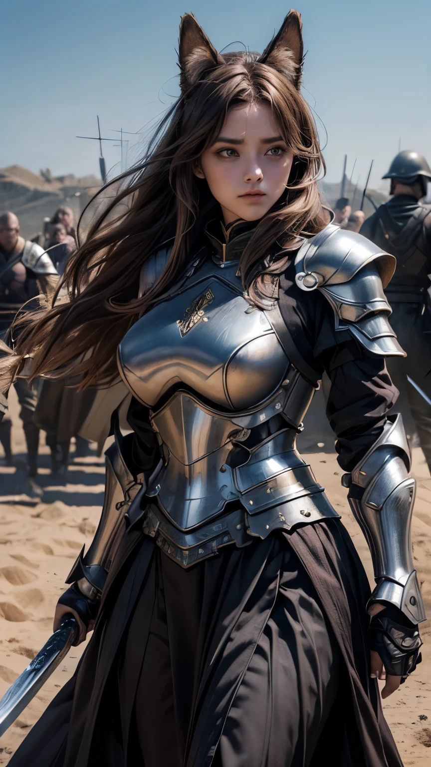 ((Highest quality))、((8K))、((Adventurer))、woman、Big eyes、Double、Soft、大人のwoman、whole body、(sword)、(armor)、((whole bodyarmor))、Dog ears、Brown Hair、long hair、大sword、clergyman、((battlefield))、Big Breasts、Abdominal muscleuscle、Long skirt、danger、
