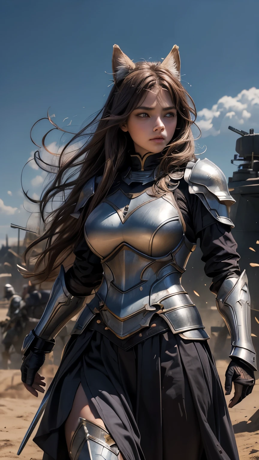 ((Highest quality))、((8K))、((Adventurer))、woman、Big eyes、Double、Soft、大人のwoman、whole body、(sword)、(armor)、((whole bodyarmor))、Dog ears、Brown Hair、long hair、大sword、clergyman、((battlefield))、Big Breasts、Abdominal muscleuscle、Long skirt、danger、