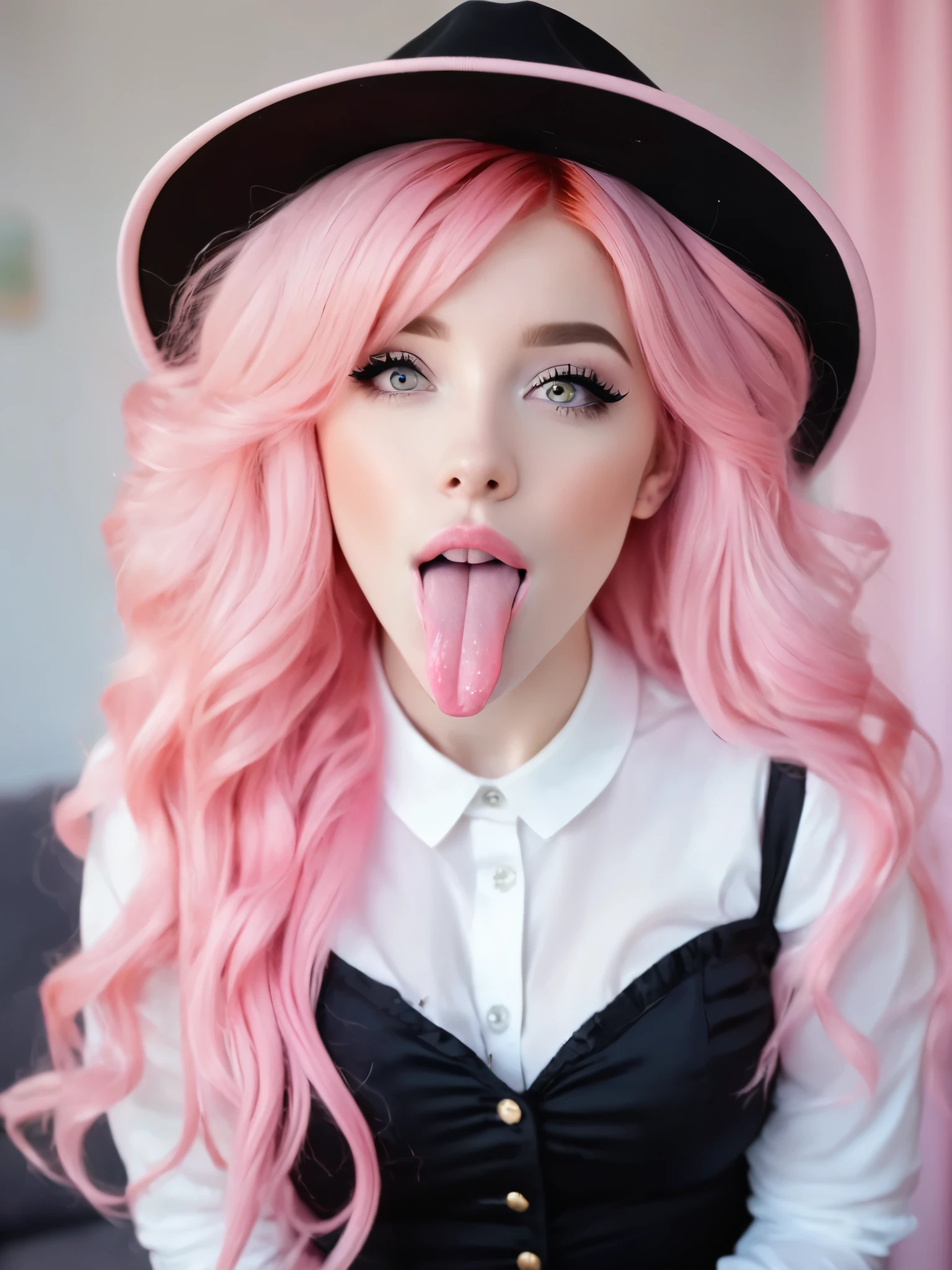 arafed woman with pinkes Haar and a hat sticking out her tongue, belle delphine, long Kaugummi-Haare, cute girl with short pinkes Haar, with pinkes Haar, long flowing pinkes Haar, long pinkes Haar, pink girl, pinkes Haar, flowing pinkes Haar, Kaugummi-Haare, huge pinkes Haar, light pinkes Haar, pink wispy hair, amouranth