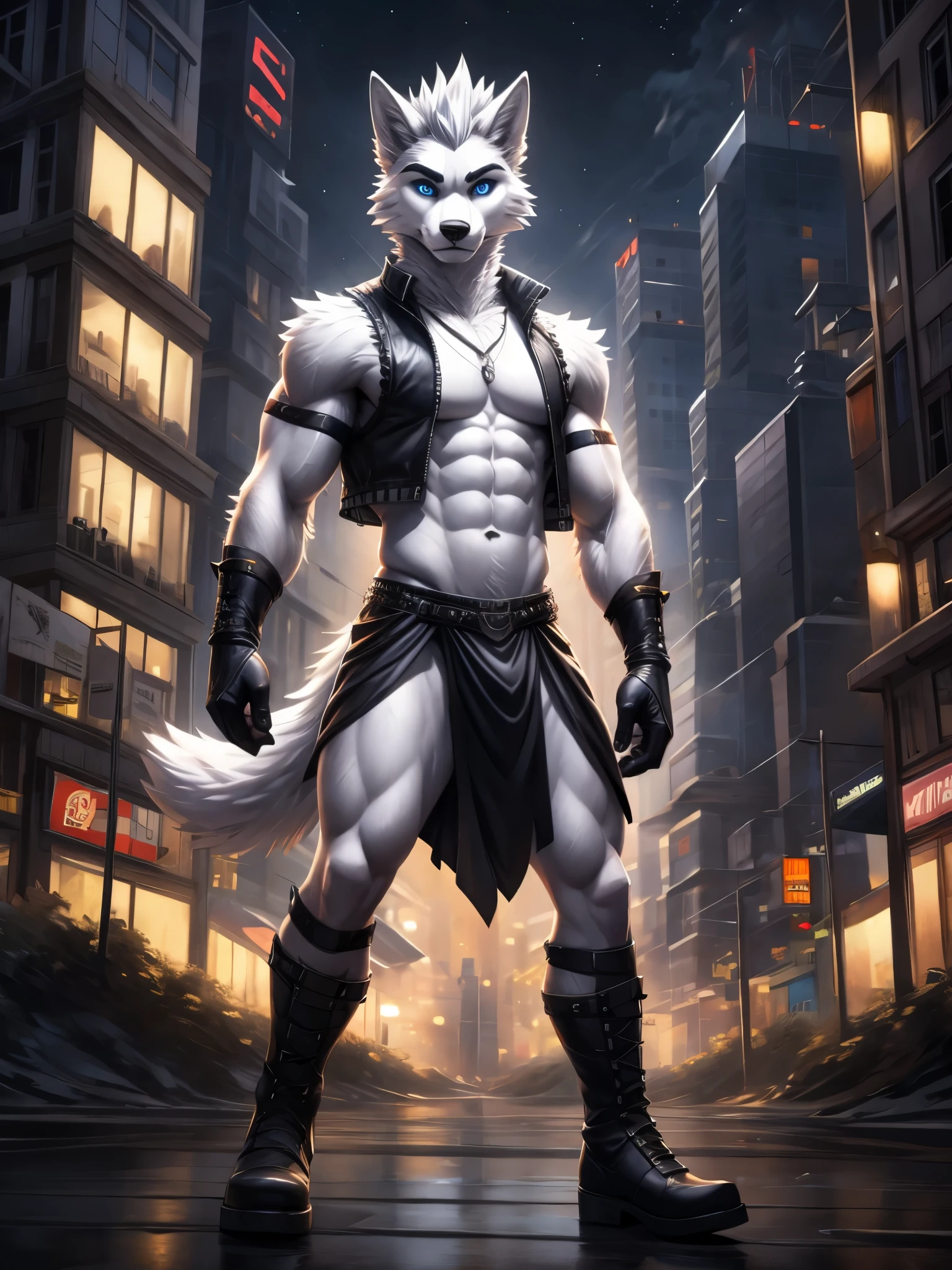 Solo, teen furry, furry, teen, white wolf, wolf, white body, white fur, grey stripes, spiked hair, googles, black sleeveless jacket, black loincloth, masterpiece, Detailed face, big eyebrows, blue eyes, detailed eyes, No muscles, Detailed hands, Flat body, Skinny, Detailed paws, no shirt, no underwear, black gloves, black boots, city, night, looking over shoulder