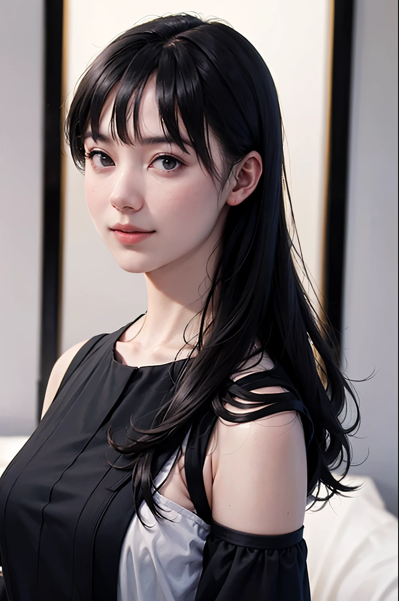 "(highest quality,8k,High resolution,masterpiece:1.2),Very detailed,(Realistic,photoRealistic,photo-Realistic:1.37),(Realistic:1.37),dark short hair,Flowing jet black hair,fringe,Deep black eyes,21 years old,Shoulder-length hair,Black clothes,Black Uniform,Moderate:Oil,Portrait of a Woman,smile,Vibrant colors,Soft lighting,Studio settings,Fine brushwork,White skin,Gentle expression,Subtle highlights,Thin hair bundle,A confident gaze,Classic black and white palette,Dramatic contrast,Bold composition,Mystery hint,Refined elegance,Professional Poses,Graceful posture,Perfect detail,Smooth skin texture,Perfect symmetry,Subtle background with hints of darkness,A conspiratorial mood,Sublime Art