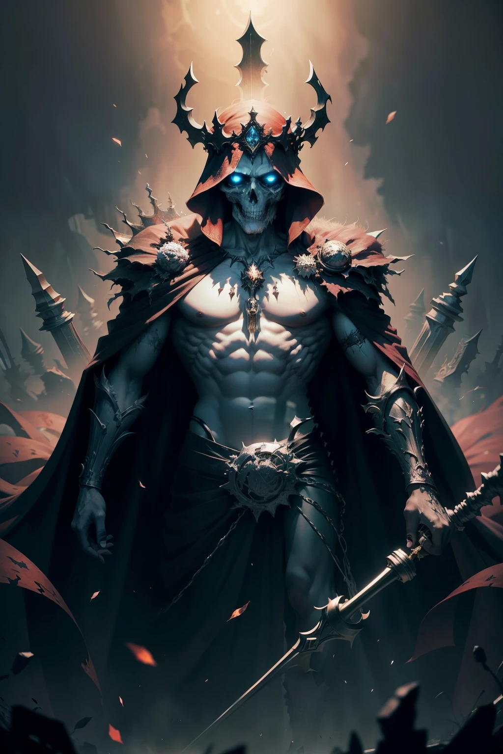 In the heart of Paindemonium, the land of eternal suffering, a generatate art paindemonium unfolds. Amidst the chaos, a painkiller resurrects. The figure that emerges from the swirling abyss is none other than the King of Pain, a skeletal monarch dressed in tattered robes, his bony fingers clutching a mighty scepter.

The King's eyes gleam with an intense, otherworldly light, and his gaze fills the resurrected souls around him with renewed hope. Beside him, a wall calendar, etched with the agonies of countless generations, flutters in the wind. Above