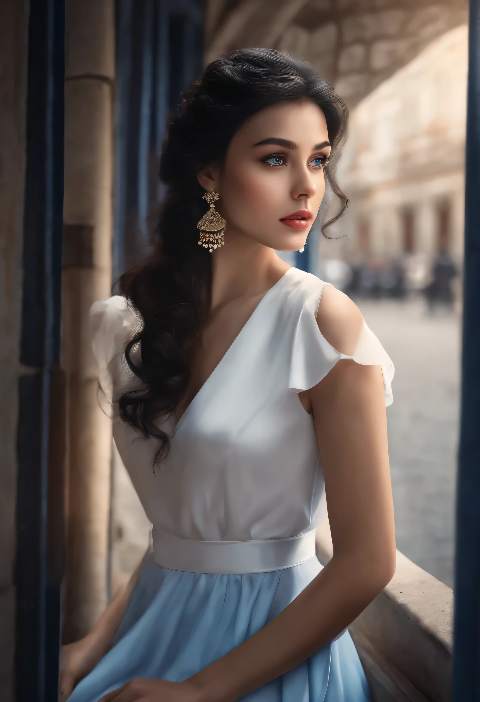 (best quality,Super detailed,Practical),portrait,painting,Black Hair,Blue pupils,Petite face,Lovely,Lovely耳环,White Dress,In front of the police station,surreal atmosphere,soft light