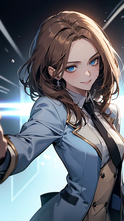 (highest quality,High resolution,Very detailed),1 girl, Beautiful and elegant light blue eyes, Brown Hair, Cold Smile,Medium Hair, Wearing a suit,secretary, Mature Woman, Age 25,Cruel smile, Calm and Calm, Slim figure,Small breasts, Pale complexion, thin, Calm, At the Laboratory,You are operating a tablet