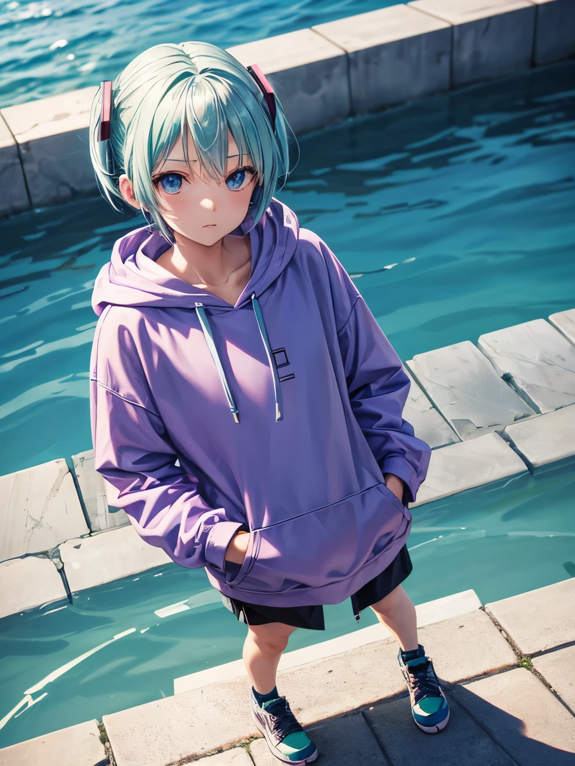 From above at an angle、Apathetic look、He put his hands in the pockets of his plain purple hoodie.、Hatsune Miku（Petite、Silver short hair）