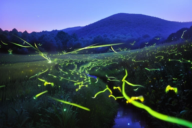 A swarm of yellow fireflies flying across the grassland, Bioluminescent fireflies, Fireflies glow in the dark, Fireflies are flying, Glowing Firefly, Fireflies are flying around, Glowing Firefly, Swarm of fireflies, Fireflies in the air, Glowing spores are flying, some Fireflies are flying in the air, Firefly threads in the mist at sunset