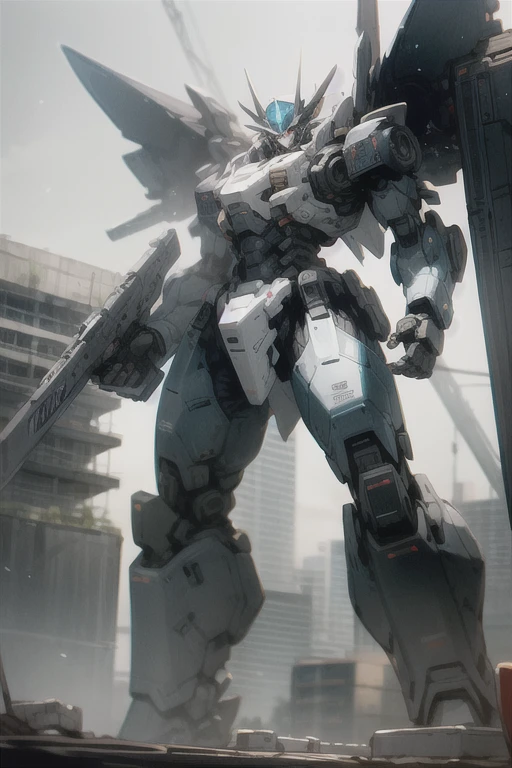 Sky, Holding a gun, Dynamic poses, protect humanity, , Mecha, high-rise building construction, luminescent_Eye, giant me, _novel, 、Washington, D.C., United States, Practical, 孔雀藍色Mecha