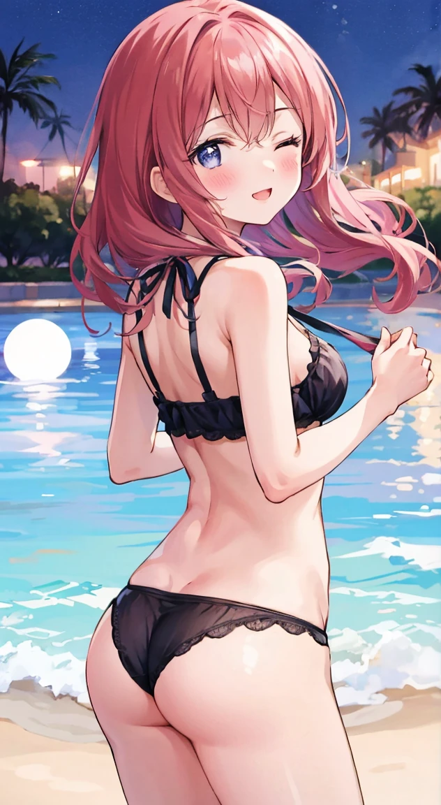 side tie panties,blush, full-face blush,masterpiece, highest quality, (anime screencap:1.3),(shape), cute,(simple:1), (anime:1.2),Solo Sharp Focus, 1 girl, cleavage,looking at the viewer, nighttime pools,Are standing,,(NSFW:1.2),bikini,pastel colour,beautiful hair,Horizontal stripes,heart shaped pupils,plaid pattern bra, plaid pattern panties,Tropicaljuice,arched back,one eye closed,Happy smile,