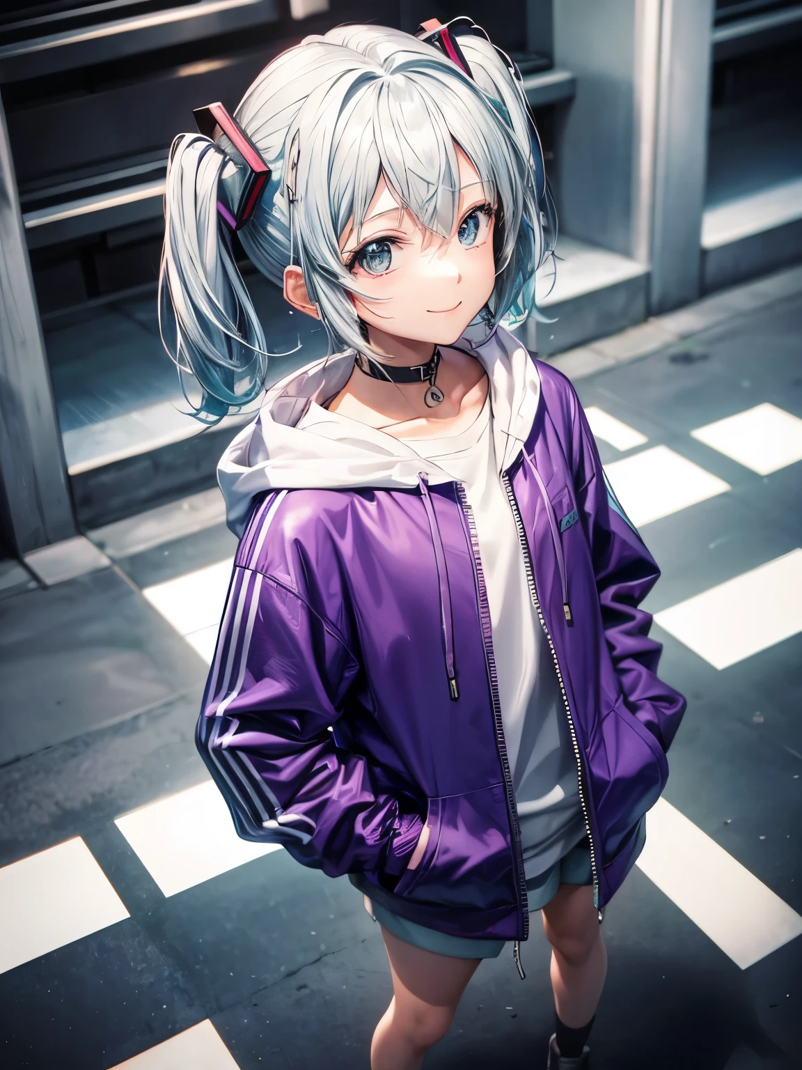 From above at an angle、smile、He put his hands in the pockets of his plain purple hoodie.、Hatsune Miku(Petite、Silver short hair)