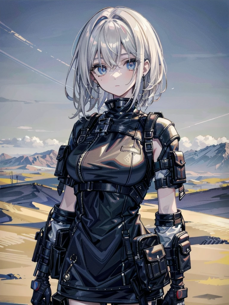 whole body, gunman attire, post apocalyptic desert city, absurdres, RAW photo, extremely delicate and beautiful, masterpiece, Best Quality, ultra high resolution, 32k, hyperrealistic, ultra-detailed, detailed description, pale skin, 20 years old, detailed beautiful face and eyes, tearful mole, earring, Colossal tits, short medium hair, wavy hair,