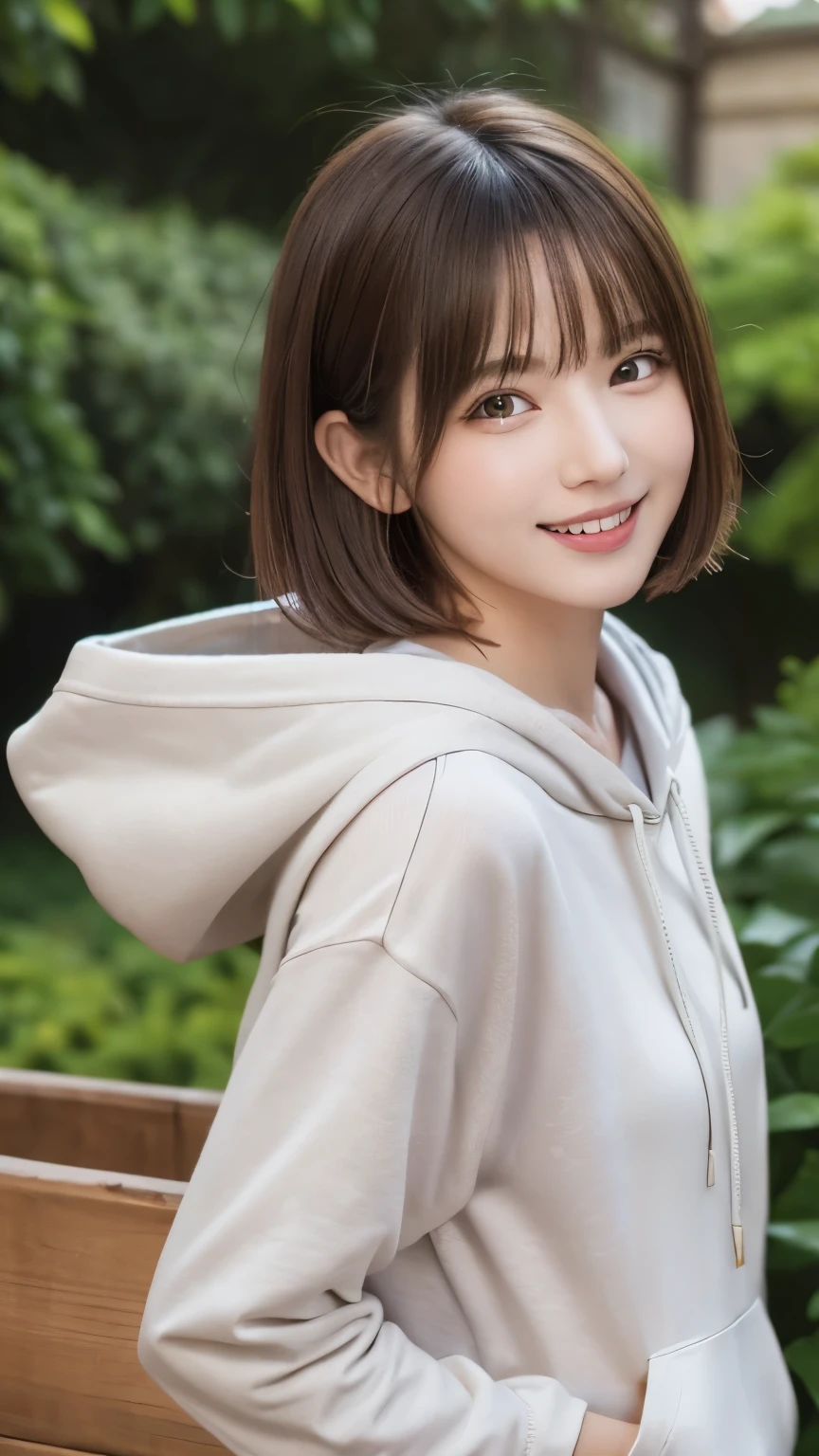 (((garden:1.3, Photographed from the front))), ((brown medium bob:1.3, great style:1.2, shy  smile:1.2, cute color hoodie, japanese woman, cute)), (clean, natural makeup), (highest quality, masterpiece:1.3, super High resolution), (Super detailed, caustics), (realistic:1.4, RAW shooting), very detailed, High resolution, 16K resolution , big eyes, random cute pose