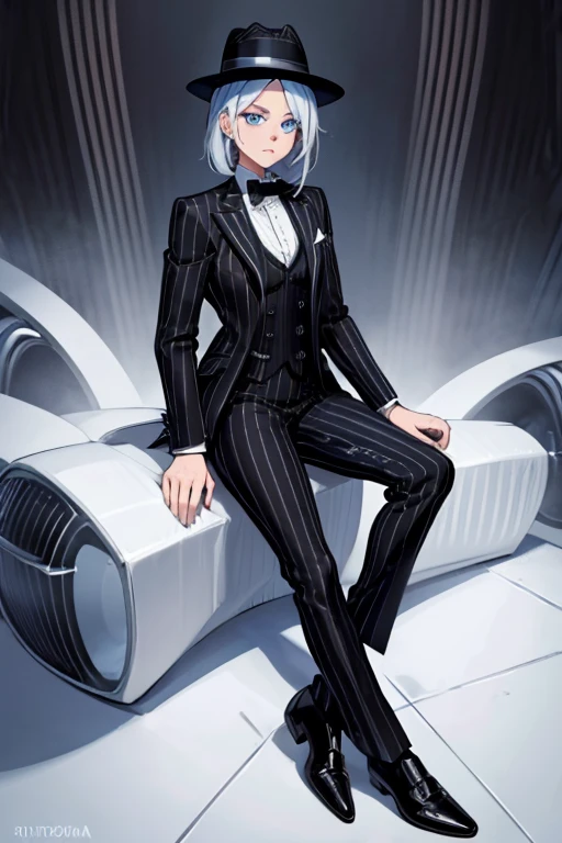 male, blue eyes, (((1girl))), (((black pinstripe suit with white pinstripes))), (white dress shirt), (black tie), (black dress shoes), (black fedora), long legs, skeleton