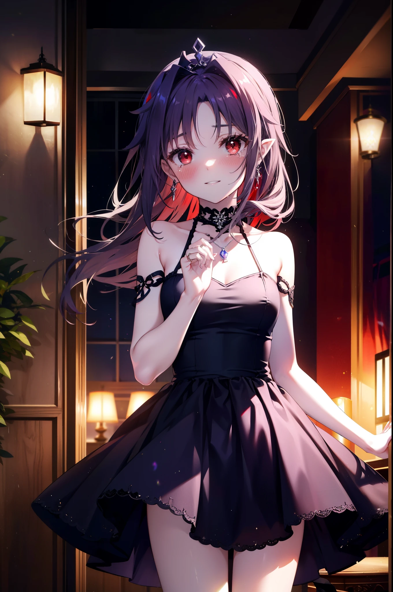 yuukikonno, Konno Yuuki,Long Hair, tiara,Pointed Ears, Purple Hair, (Red eyes:1.5), (Small breasts:1.2), smile,Purple Dress,Purple Long Skirt,Purple stiletto heels,Sleeveless,Expose your shoulders,Bare arms,Bare neck,bare clavicle,She is wearing a wedding ring on the ring finger of her left hand.,Heart Necklace,Tears stream down her face,Tears of joy,I cry a lot,There is a cake on the table,There is a box with a ribbon on it on the sofa.,ロマンチックなroom,Romantic night view,moonlight,
break inoors, room,
break looking at viewer, (Cowboy Shot:1.5),
break (masterpiece:1.2), highest quality, High resolution, unity 8k wallpaper, (shape:0.8), (Beautiful details:1.6), Highly detailed face, Perfect lighting, Extremely detailed CG, (Perfect hands, Perfect Anatomy),