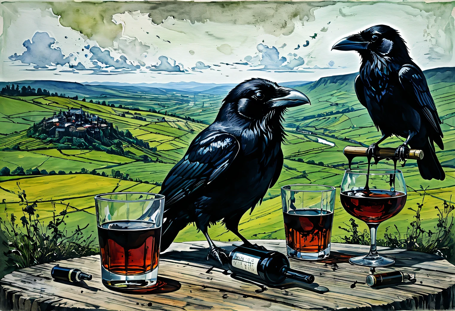 Glasses, ink, alcohol, raven, landscape, art, austerity