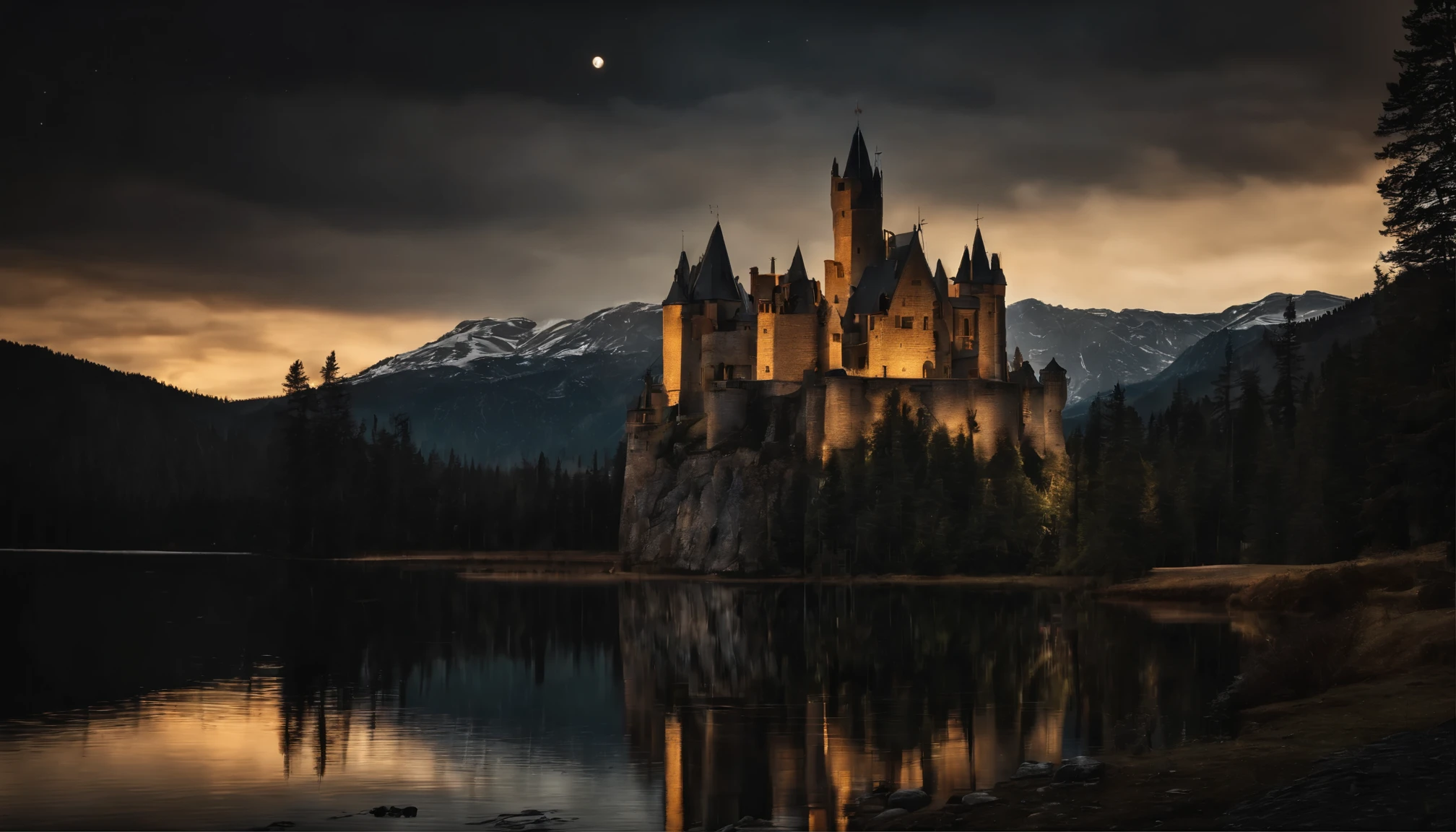 Castle in the mountains, high towers, forest of nine conifers, lake in front of the castle, dark starry night, the moon