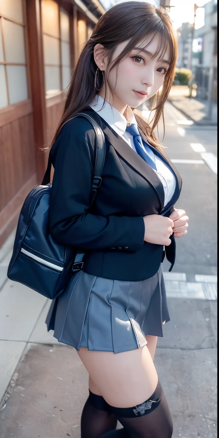 mix4, (16 K, Raw photography, Top image quality, ​masterpiece: 1.45), (realisitic, Photorealsitic: 1.37), one girls, cute little, A city scape,, profetional lighting, photon maping, school classrooms, physically-based renderingt, dark brown  hair,pony tail hairstyle, Well-groomed and beautiful eyes、((double eyelid))、Transcendent Cute Girl, (((student clothes、blazers、Long sleeve shirt worn by Japan high school girl、Ribbon Ties、Dark blue mini skirt,、Dark blue socks、Black loafers))), Top Quality Photos, hight resolution, 1080p, (clearface), (Detailed face description), (Detailed hand description), (​masterpiece), (Exquisite CG)、extreme light and shadows、dishevled hair、master work、abundant detail、(Fine facial features)、(top quality photo)、(masuter piece)、(A detailed eye)、Look in front of you、Fine clavicle、((Slender big))、(((Japan schoolgirls wear jackets and long-sleeved shirts)))、((Neat and clean idol))、((School Gate、school ground、School building in the background))、(Shooting from random perspectives)、(((Anyway cute)))、earrings、A big smile、Drawing the whole body from the knees、Do not draw nasolabial folds、(((Sports bags used by Japan schoolgirls)))、(Big breasts that hang down big:1.2)、Big buttocks with tension、Two arms and two legs、(((from the front side:0.7)))、bare hand、(((Left and right symmetrical eyes)))、Standing Pose、Put your hands on your desk、Do not take the tie out of the jacket、Raise your buttocks:1.5，barebacked:1.5，