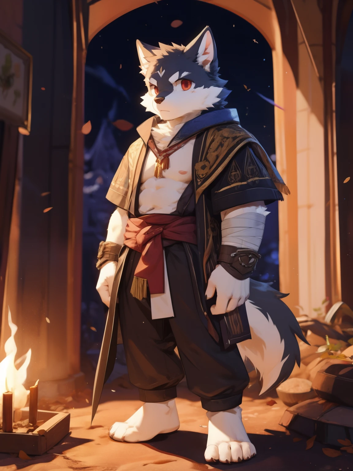 nj5furry，kemono，full-length portrait，anthro，hi res，male，Black fur，juvenile，strong，Adventurer，black Wolf，Bandage leggings，White plush feet，Red eyes，Detailed eyes，Delicate eyes，Extremely high detail，8k high definition characters，serious