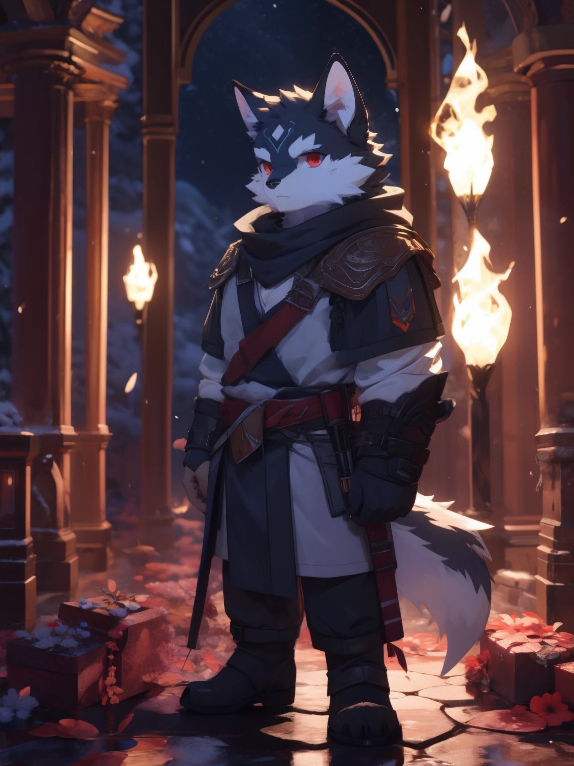 nj5furry,kemono,full-length portrait,anthro,hi res,male,Black fur,juvenile,strong,Adventurer,black Wolf,Bandage leggings,White plush feet,Red eyes,Detailed eyes,Delicate eyes,Extremely high detail,8k high definition characters,serious