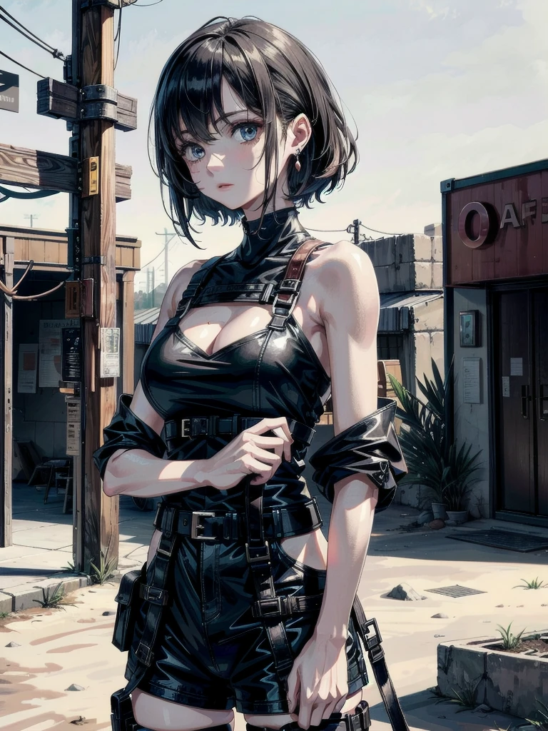 whole body, gunman attire, post apocalyptic desert city, absurdres, RAW photo, extremely delicate and beautiful, masterpiece, Best Quality, ultra high resolution, 32k, hyperrealistic, ultra-detailed, detailed description, pale skin, 20 years old, detailed beautiful face and eyes, tearful mole, earring, Colossal tits, short medium hair, wavy hair,