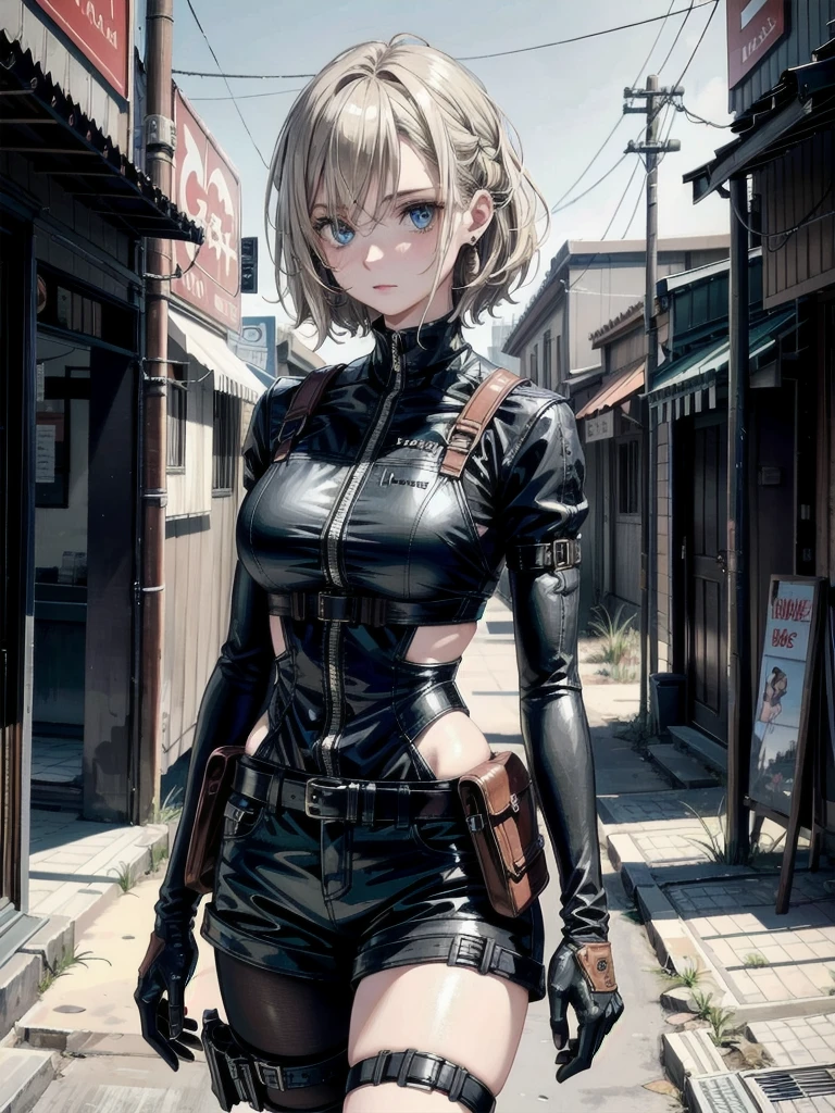 whole body, gunman attire, post apocalyptic desert city, absurdres, RAW photo, extremely delicate and beautiful, masterpiece, Best Quality, ultra high resolution, 32k, hyperrealistic, ultra-detailed, detailed description, pale skin, 20 years old, detailed beautiful face and eyes, tearful mole, earring, Colossal tits, short medium hair, wavy hair,