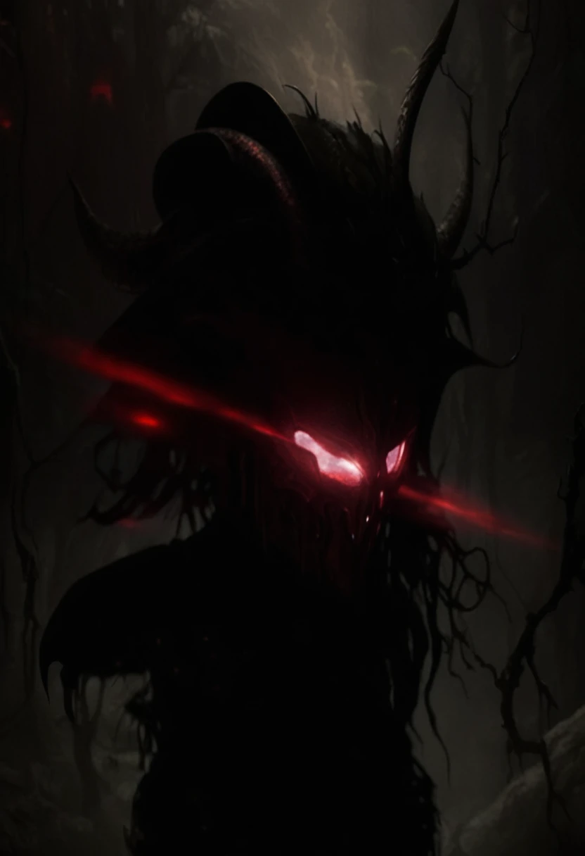 The creatures seemingly humanoid, It wears a dark gray robes under scale mail armour, carries a shield on its back, unique shape etched in it's shield, the eye sockets of the shines with menacing red light, demonic monster 