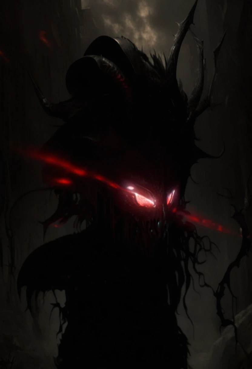 The creatures seemingly humanoid, It wears a dark gray robes under scale mail armour, carries a shield on its back, unique shape etched in it's shield, the eye sockets of the shines with menacing red light, demonic monster 