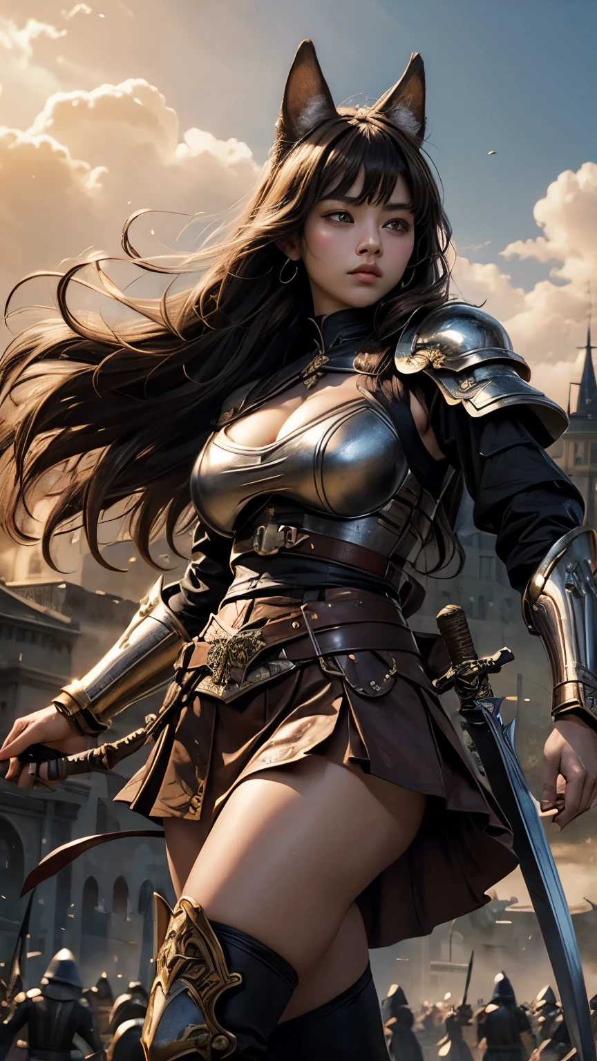 ((Highest quality))、((8K))、((Adventurer))、woman、Big eyes、Double、Soft、大人のwoman、whole body、(sword)、(leather armor)、((whole body鎧))、Dog ears、Brown Hair、long hair、((bow))、clergyman、((battlefield))、Big Breasts、Abdominal muscleuscle、Long skirt、danger、((Medieval Europe))、Fantasy、