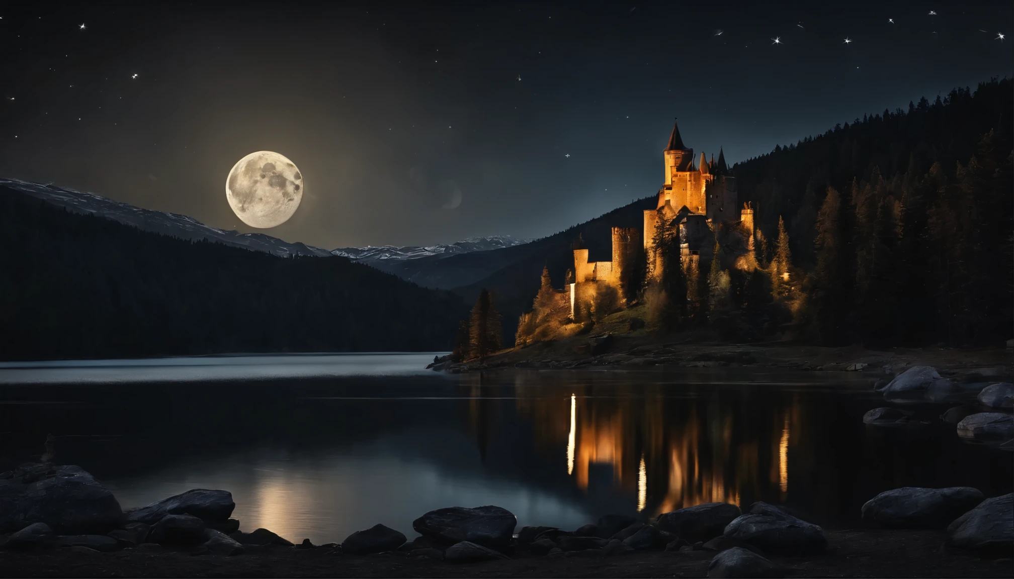 Castle in the mountains, high towers, forest of nine conifers, lake in front of the castle, dark starry night, the moon
