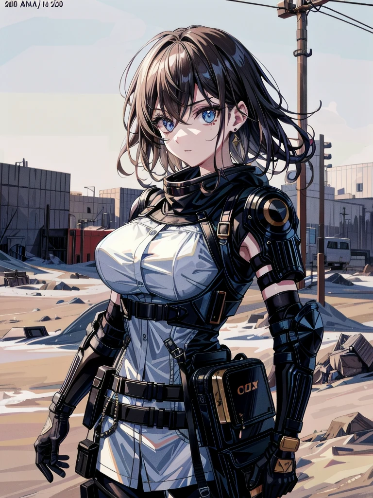 whole body, gunman attire, post apocalyptic desert city, absurdres, RAW photo, extremely delicate and beautiful, masterpiece, Best Quality, ultra high resolution, 32k, hyperrealistic, ultra-detailed, detailed description, pale skin, 20 years old, detailed beautiful face and eyes, tearful mole, earring, Colossal tits, short medium hair, wavy hair,