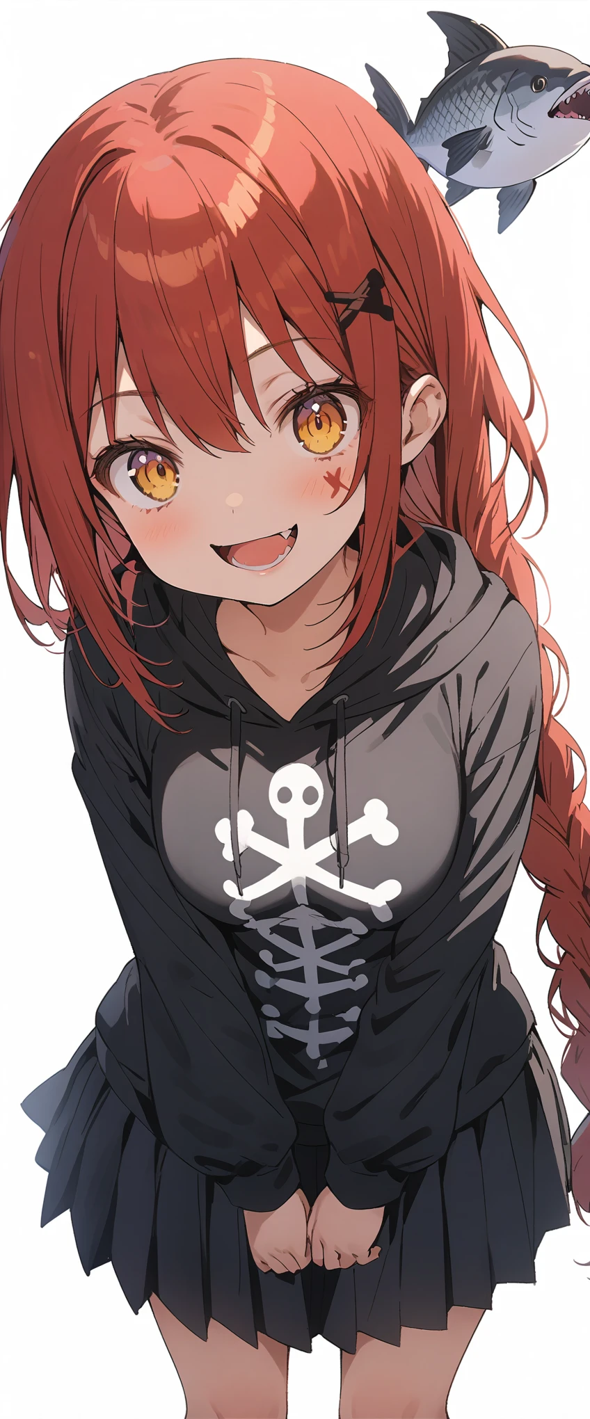 White background、Solid white background、Blank background、Ultra-high resolution, highest quality,Solo,just standing girl, One Girl、The whole body is depicted from the front、fish-bone braid hair、Fishbone Hair、red hair、arms behind back、Put your hands behind your back、Hide your hands、busty、beautiful detailed eyes、Red hair x yellow eyes、yellow eyes、Open your mouth without showing your teeth、Smile with mouth wide open、Black hoodie、 White fish head mark on chest、Black pleated skirt、barefoot